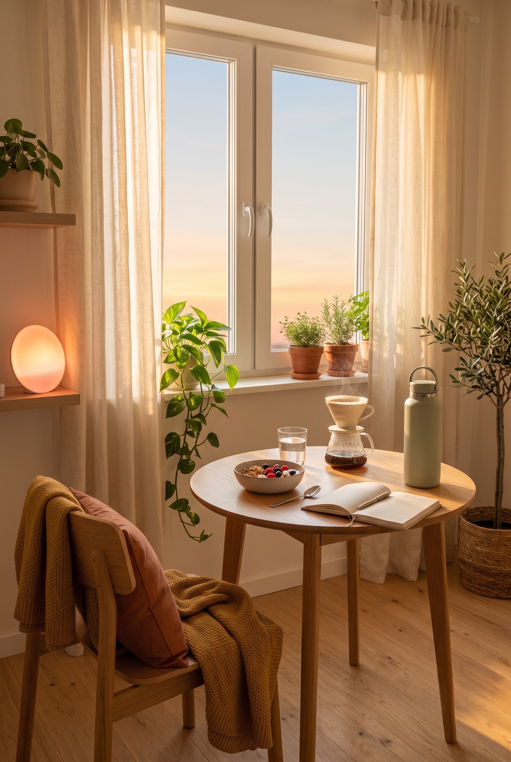 A sunlit breakfast nook at sunrise with a pour-over coffee, yogurt bowl, water bottle, and a glowing wake-up lamp by the window
