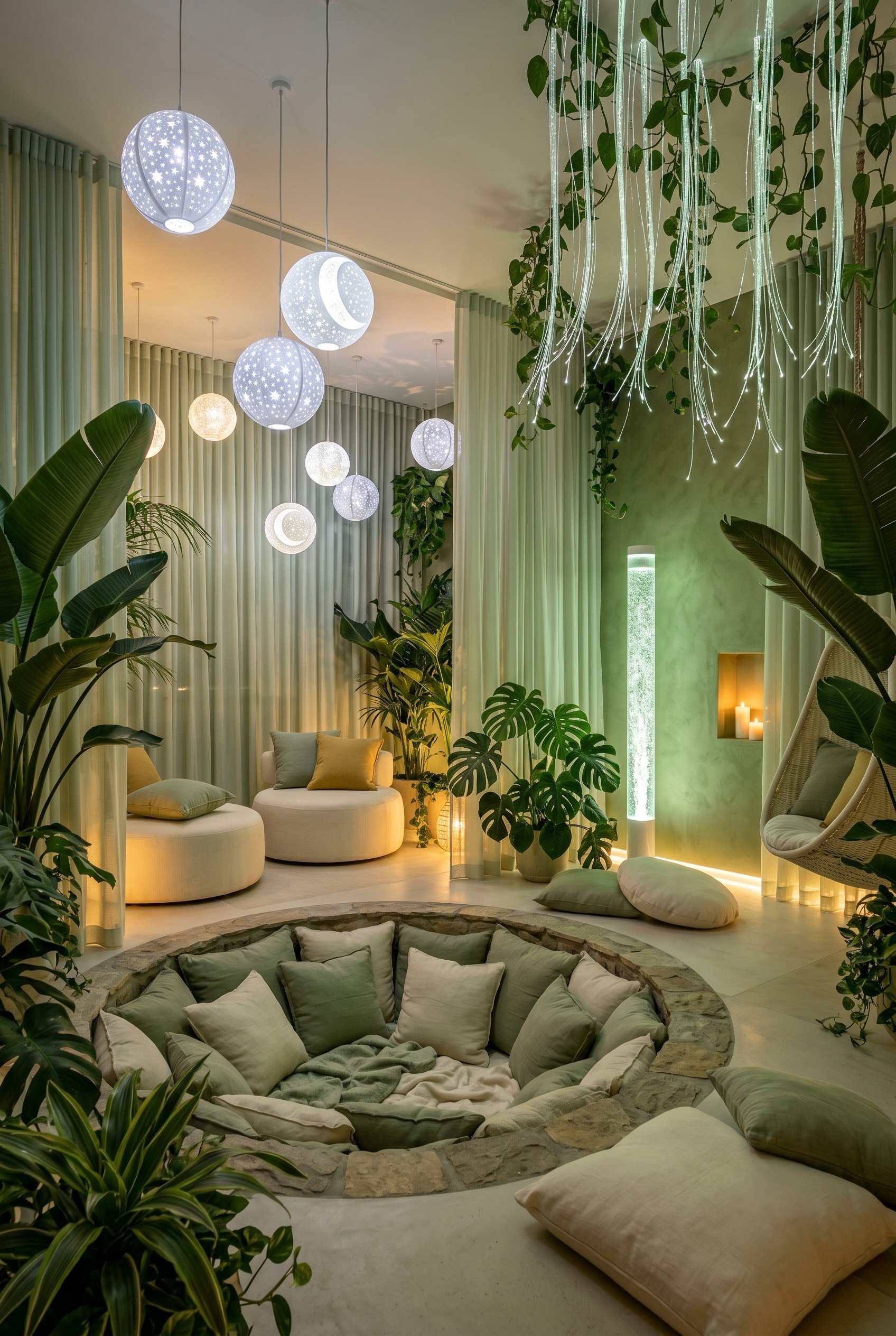 A dreamy sanctuary room with a sunken cushion pit, hanging moon lanterns, and lush green plants