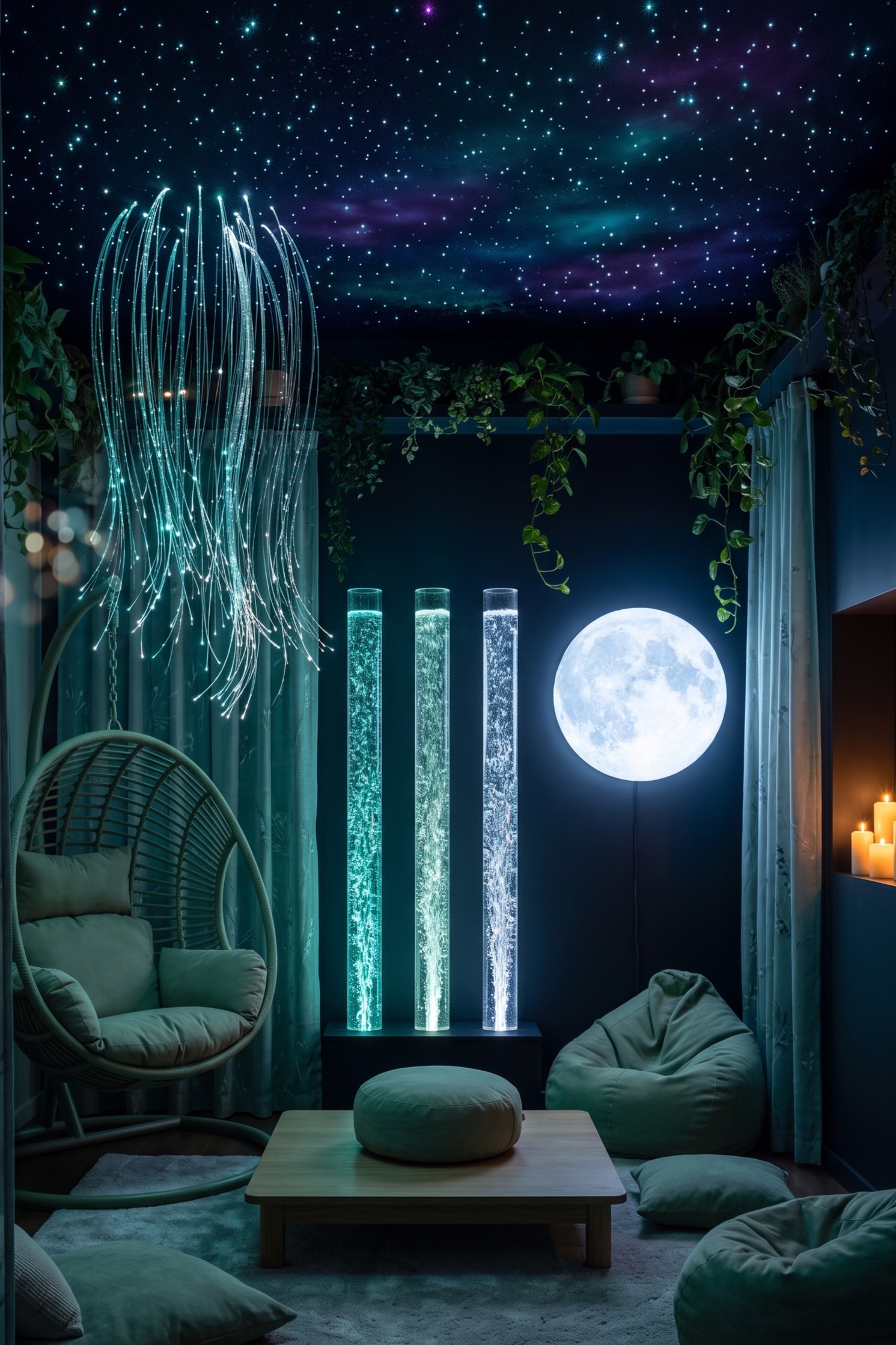 A dreamy nighttime sanctuary room with glowing light columns, a moon lamp, star ceiling, hanging chair, and sage floor cushions